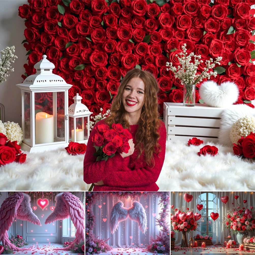 

MOON.QG Backdrop Poster Arch Door Wing February 14 Valentine's Day Pink Purple Background For Photographs Shooting Props Wedding