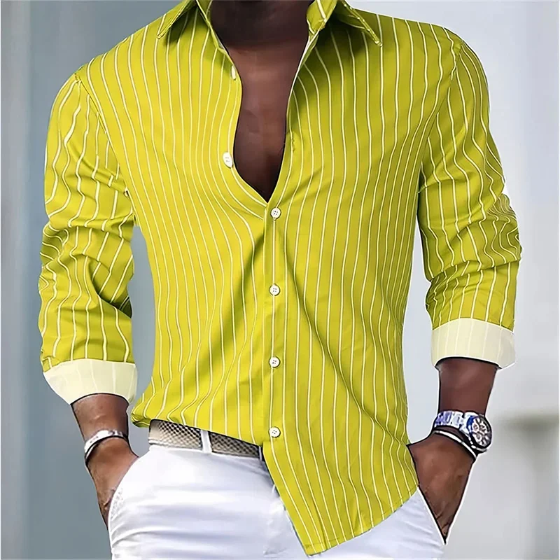 Camisa holgada a rayas para hombre, camisa de manga larga con botones, transpirable, cuello de Polo, Top cómodo, tela suave, talla grande XS- 6XL