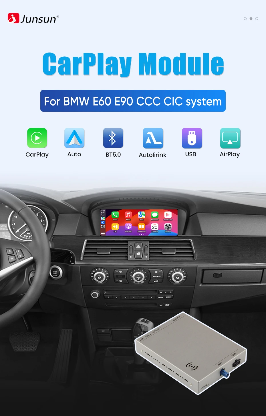 Junsun Wireless CarPlay Android Auto Interface Adapter Für BMW 3/5 Serie E60 E61 E62 E63 E90 E91 E92 E93 CCC/CIC MirrorLink – Detail 1