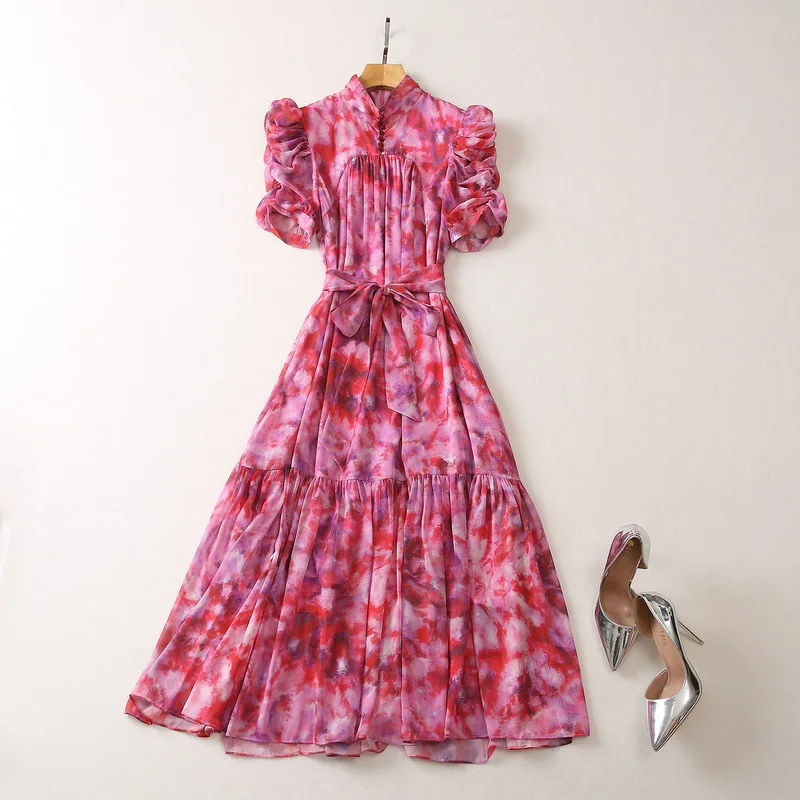 XXL 2023 Summer Women Dress Short Sleeve REd Crew Neck Flora Print