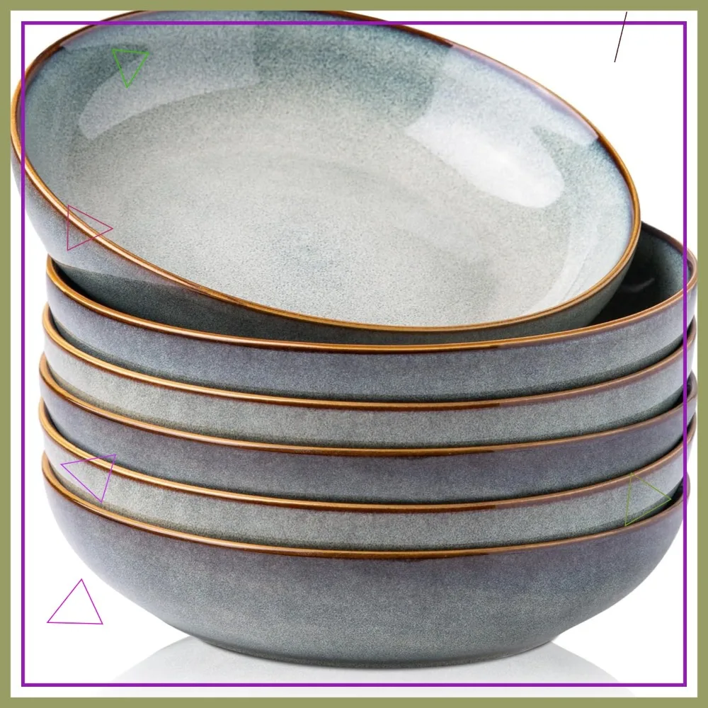 

Набор из 6 больших керамических мисок для пасты 8,5 дюймов, пригодные для использования в микроволновой печи, цвет океанская синева