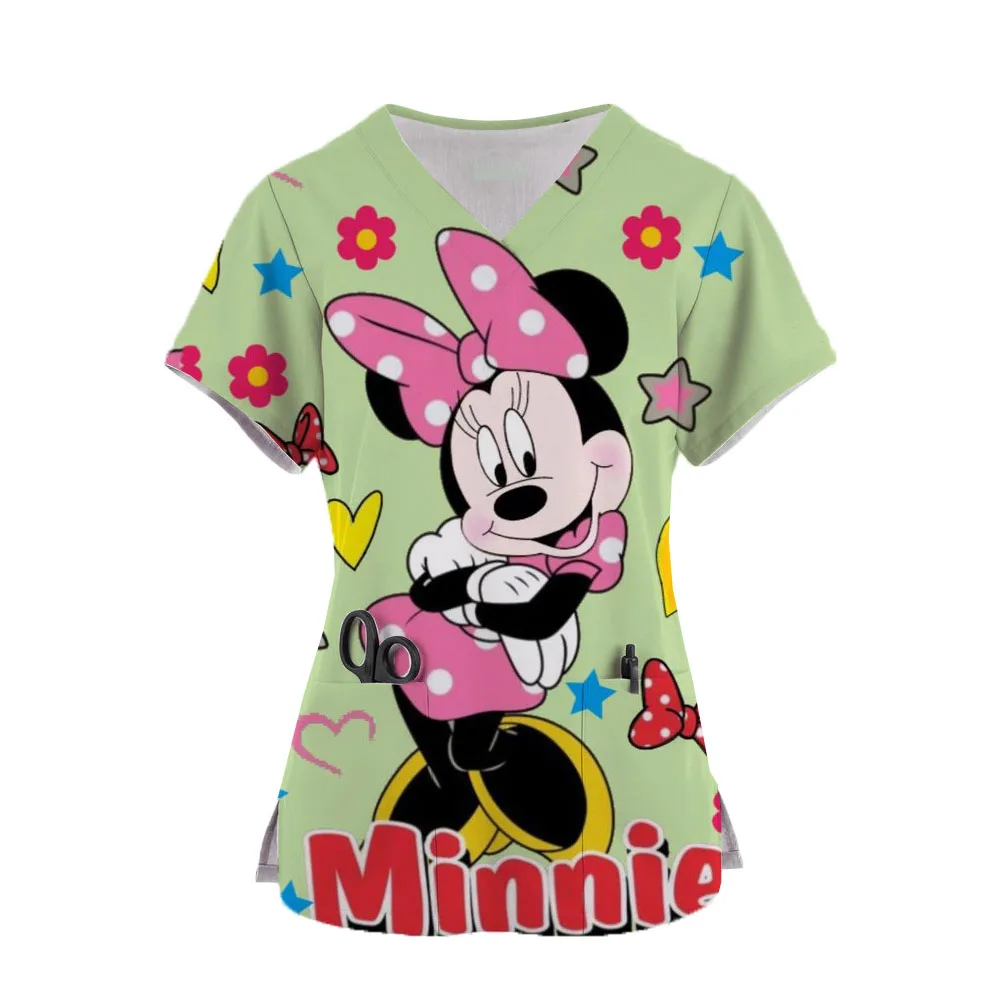 2024 Women's Doctor Nurse Uniform Cartoon Mickey Mouse Print Pocket V-Neck Nursing Scrubs Tops Workwear Tshirt Overalls Uniforms