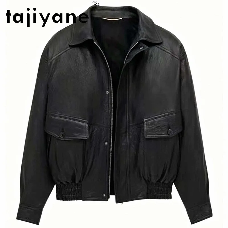 TAJIYANE Genuine Leather Jacket Woman Washed Sheepskin Womens Winter Coats Zipper Lapel Jackets Oversized Biker Coat Outwear New