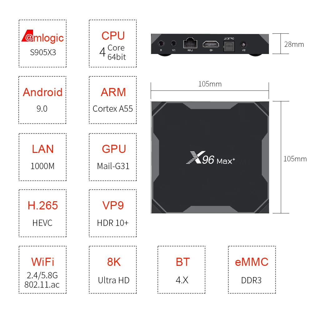 Boîtier TV X96 Max Plus, Android 9.0, Amlogic S905bery, 4 Go/64 Go/32 Go, WiFi, BT, 8K, 24fps, Youtube, lecteur multimédia décodeur 2G/16G