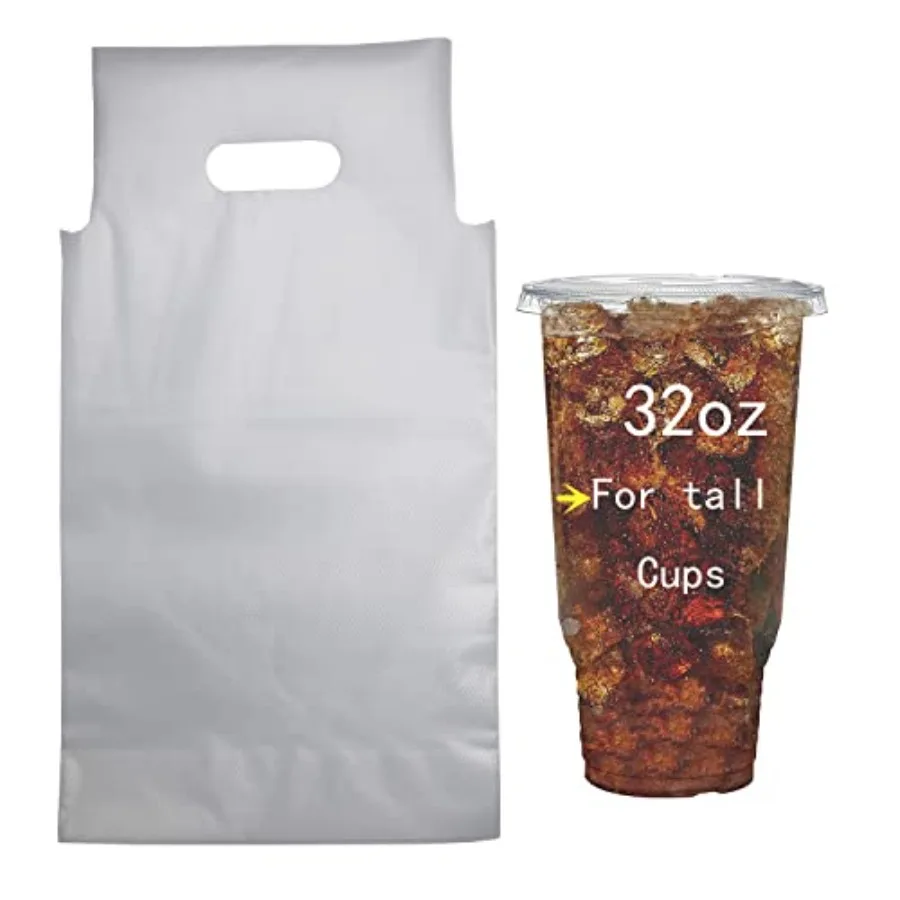 Drink Carrier Delivery, 100PCS Clear Plastic Bags with Handle Drink Cups/Coffee Cups/Tea/Juice Delivery Takeout Apply to Coffee
