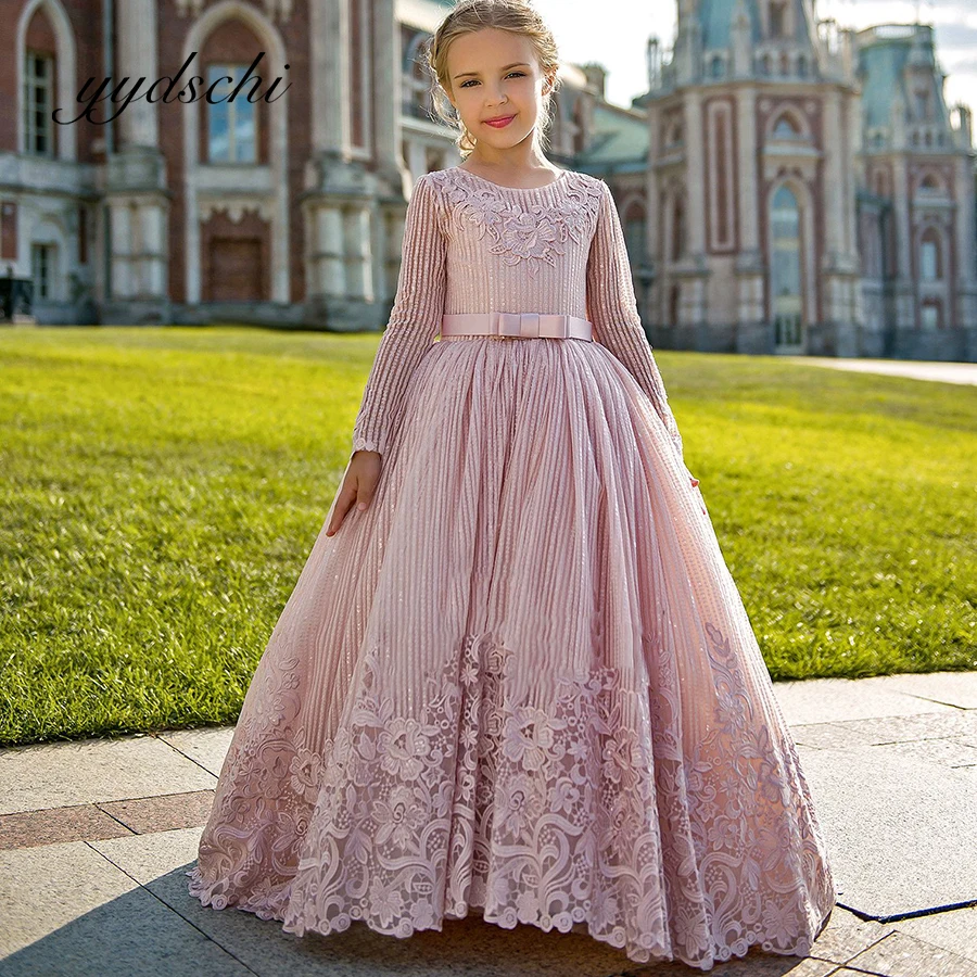 

Sequins Flower Girl Dresses Weddings O-Neck Appliques Lace Backless Ball Gown Elegant Princess Floor Length Party Dress for Kids