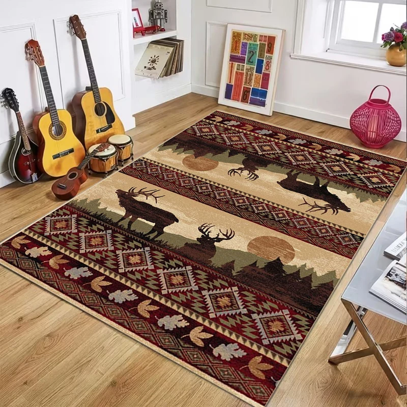 Vintage Deer Area Rug Retro Non-Slip Rustic Cabin Floor Mat Dark Washable Animal Western Rug for Living Room Bedroom room