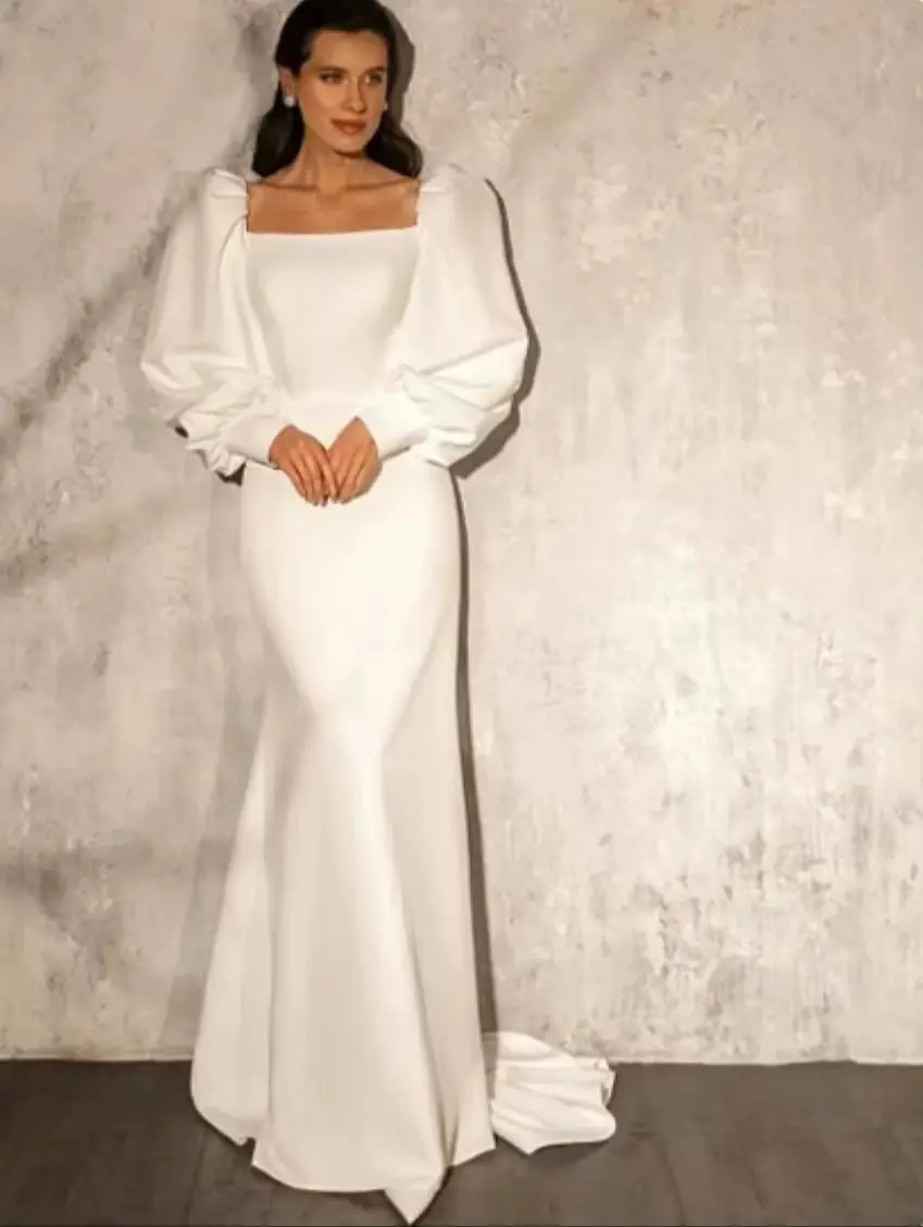 Othray Elegant Mermaid Puff Sleeves Bridal Gowns Simple Sweep Train Robe Mariage Femme Square Collar Satin Wedding Dresses