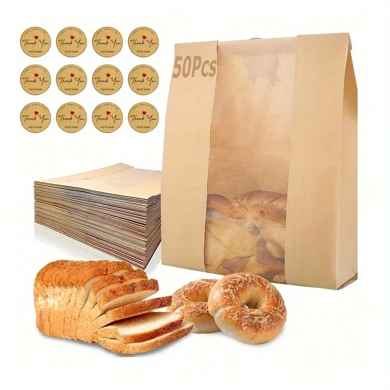 25/50pcs large paper bread bags with windows for packaging and storage of baked goods, including label sealing stickers