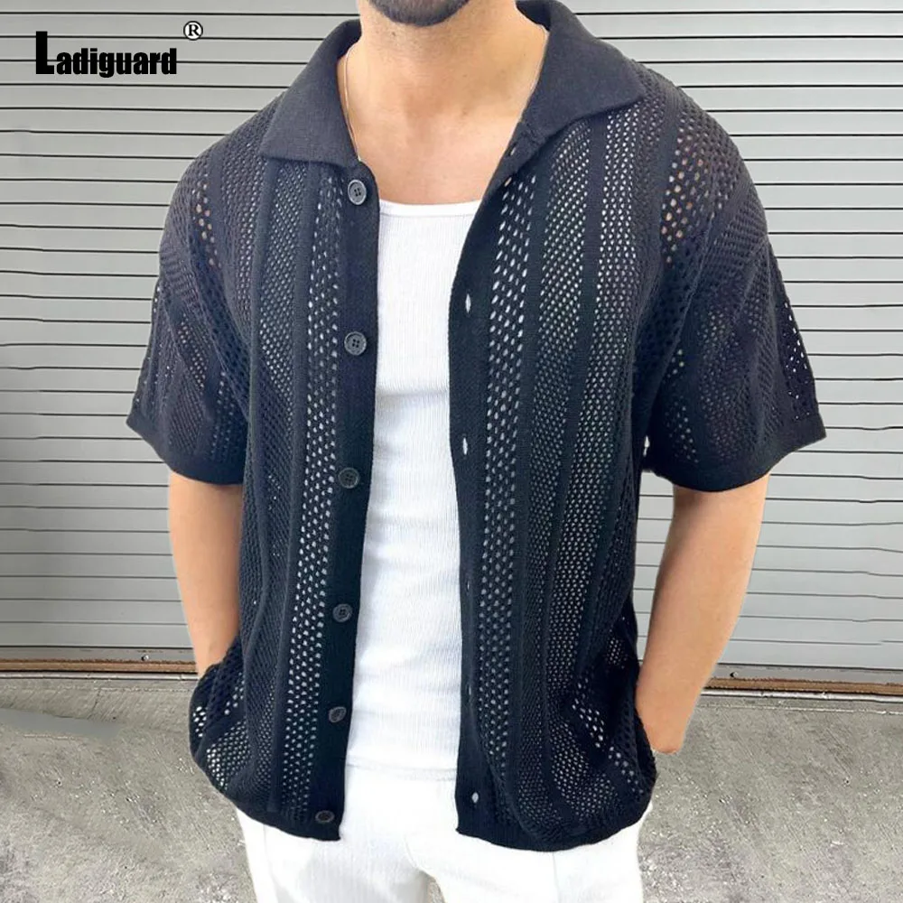 Ladiguard 2024 Summer New Knitting Blouse Solid White Transparent Shirt Camisa Mens Beach Top Cardigans Lepal Collar Knitwear