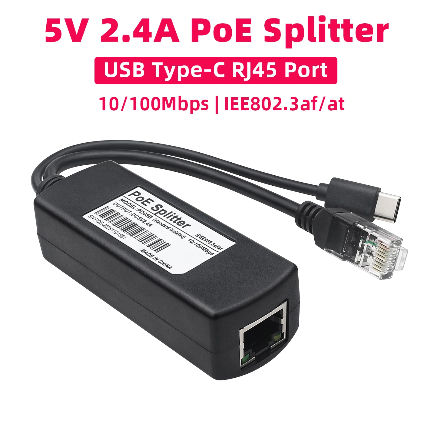5V 2.4A PoE Splitter USB Type-C IEEE 802.3af/at 10/100Mbps Power Over Ethernet RJ45 USBC Interface compatible for ESP32P4 DEV
