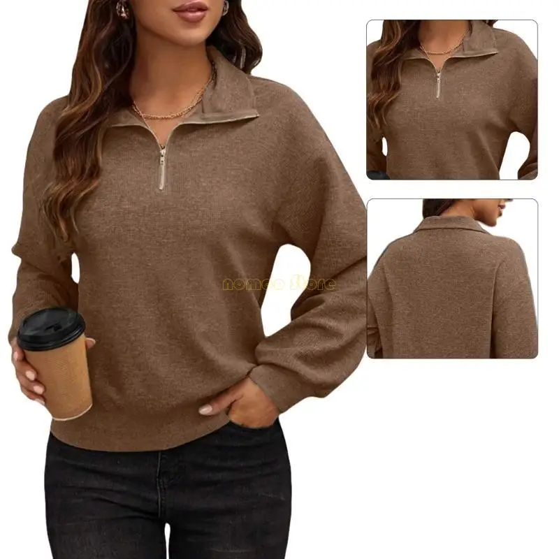 31BF Womens Zipper Sweatshirt Casual V Neck Long Sleeve Pullover Tops Knit Sweater