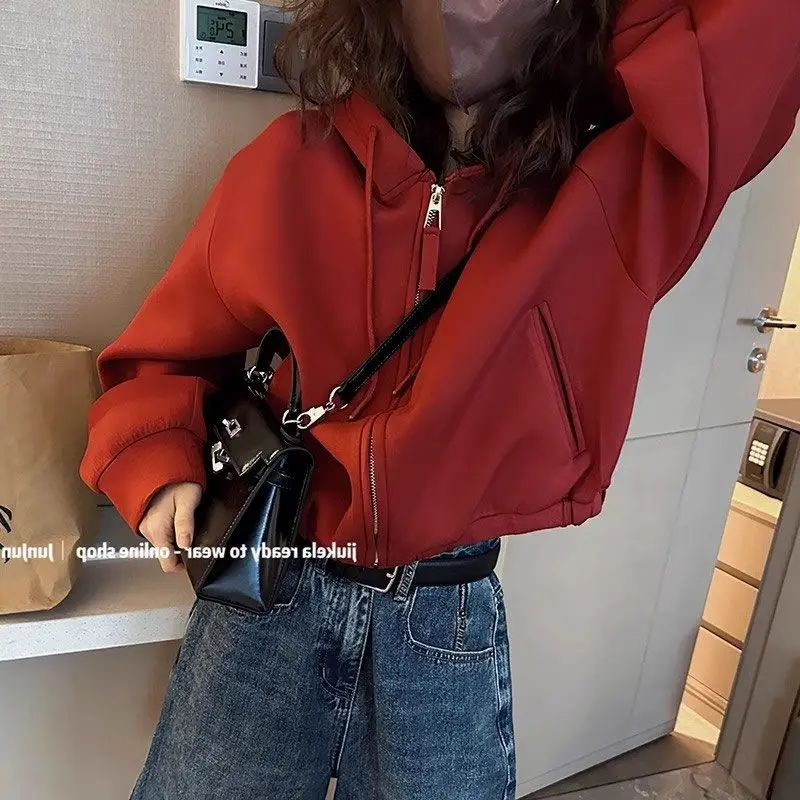 

Fashion Hooded Red Jacket For Women's Spring And Autumn New Style Loose Cardigan Short Zipper Casual Jacket Top