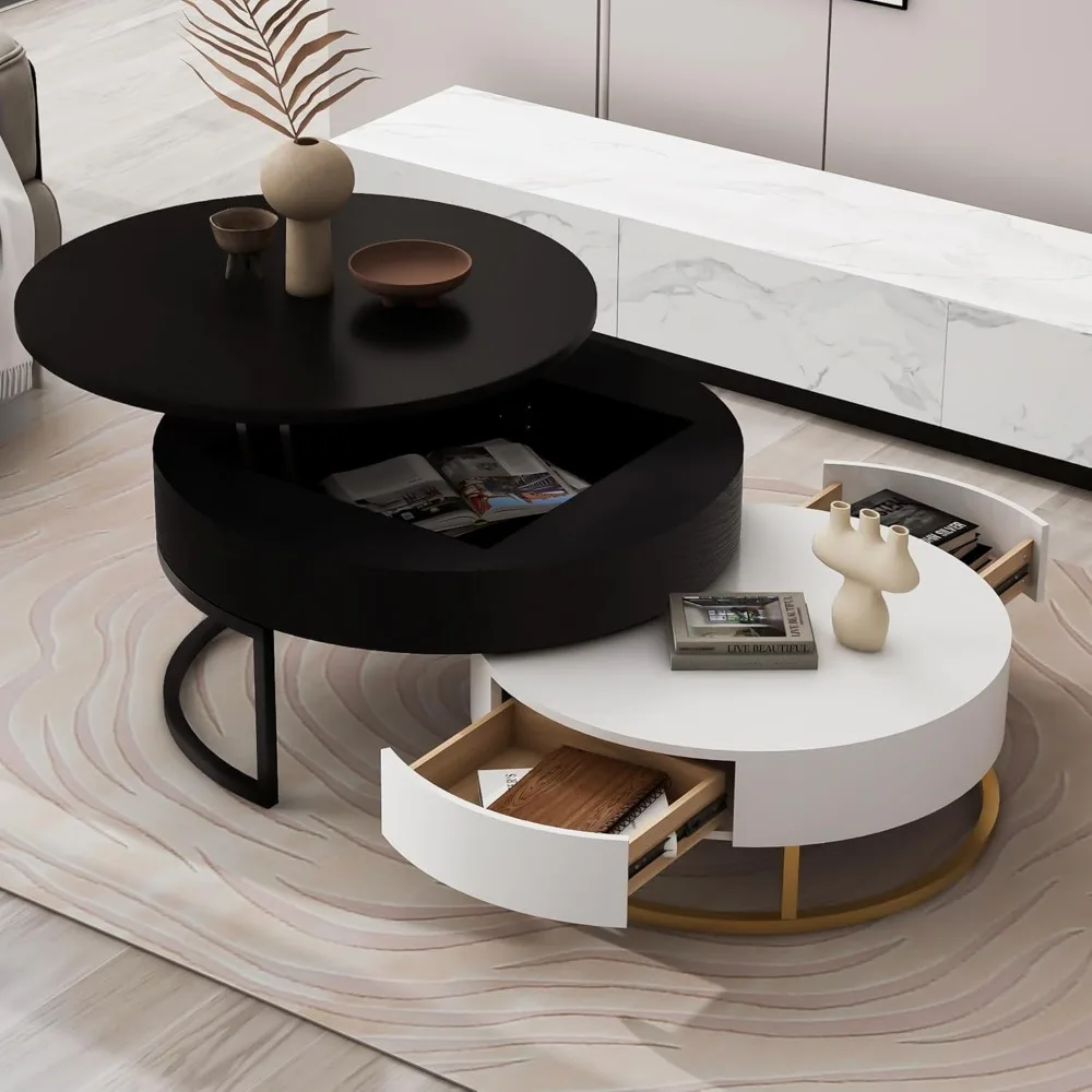 Modern Round Lift-top Nesting Coffee Tables with 2 Drawers for Living Room White & Black