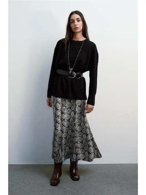 

Юбка-миди с эластичной резинкой на талии, шелковая атласная юбка с животным принтом, ранняя осенняя коллекция, женская юбка трапециевидной формы с высокой талией для поездок на работу