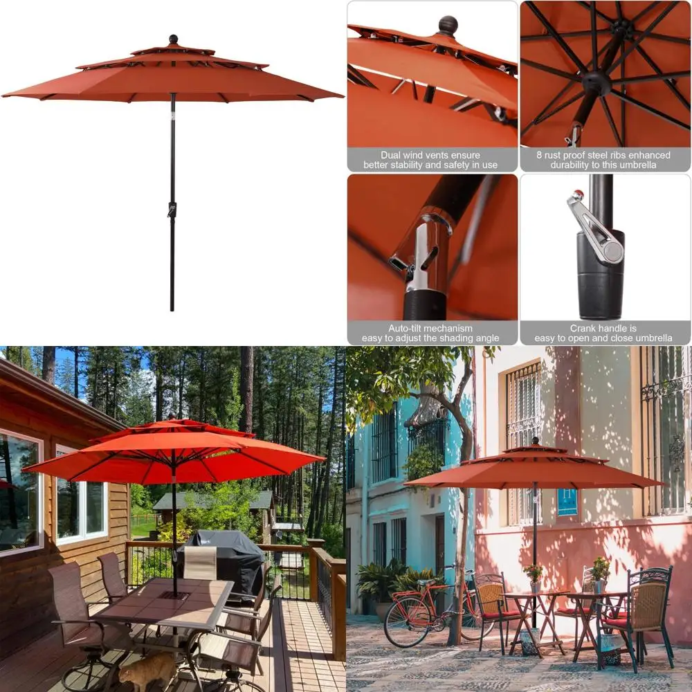 10 Foot 3-Tier Outdoor Patio Umbrella with Auto-Tilt Feature for Backyard, Deck, and Poolside Sun Protection