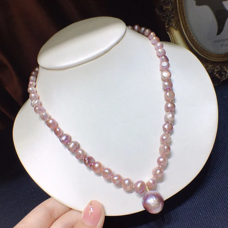 

Irregular Baroque Freshwater Pearl Necklace for Women Purple 7mm Elegant Simple Minimalist Style Pearl Collarbone Chain Wholesal