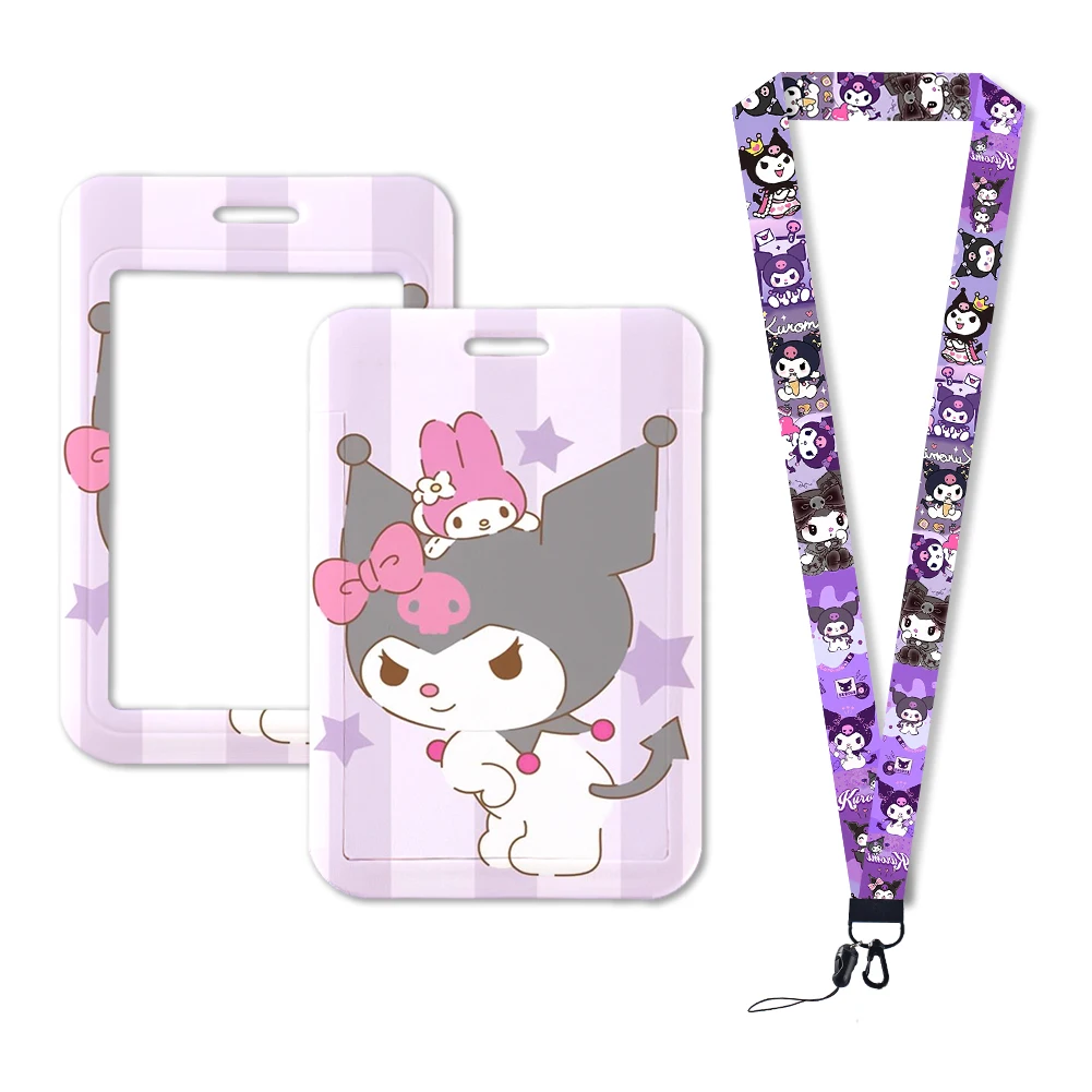 W Kawaii Cartoon ID Card Sanrio Hello Kitty Kuromi Melody Card Set Protection Case Work Bus Card Holder Plastic Keychain Gifts