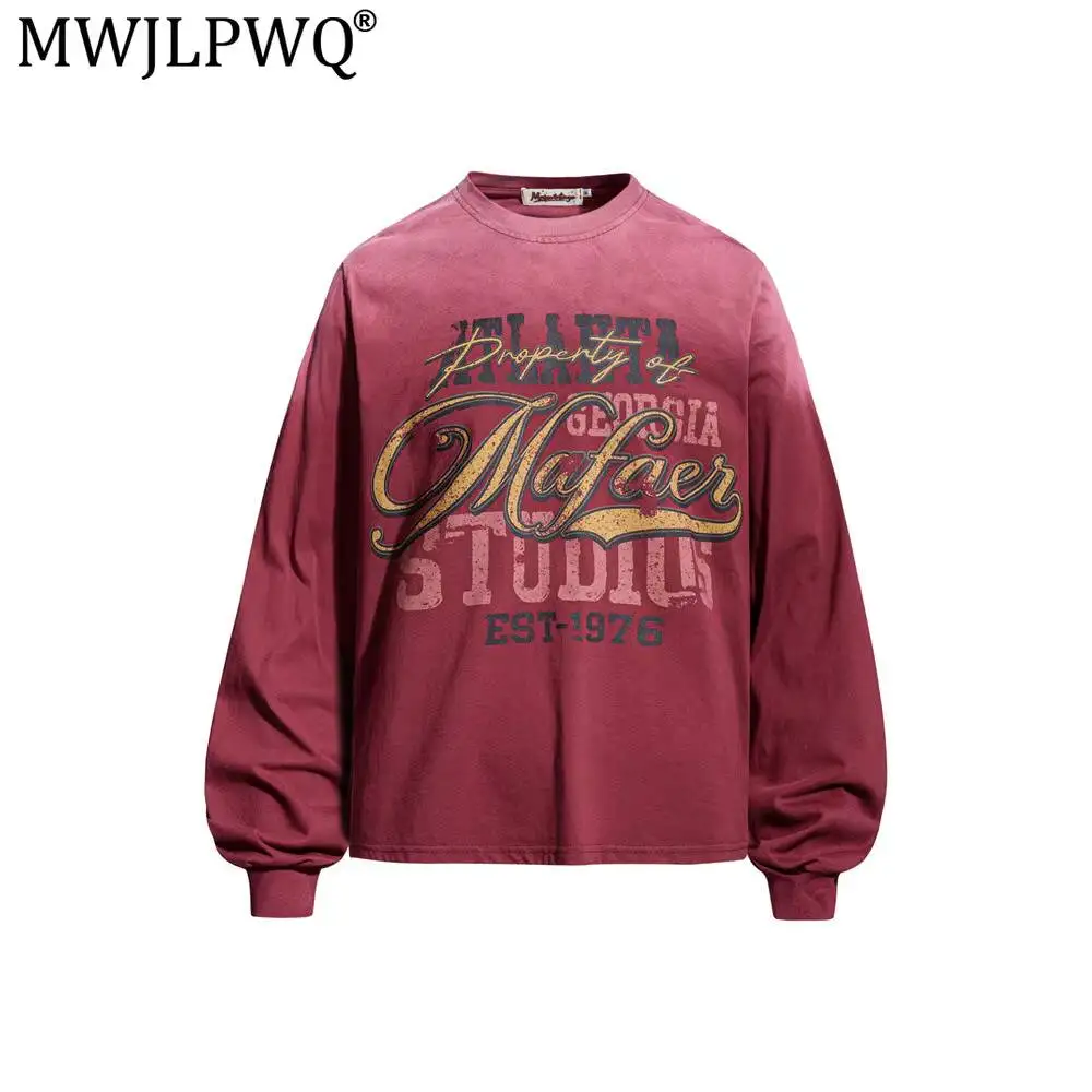 MWJLPWQ Spray-Dyed Distressed Letter Print Loose Long-Sleeve T-Shirt Men Street Fashion Ins-Style Round Neck Casual Top 17483