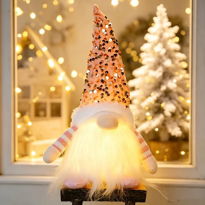 Christmas Home Decor Pink Sequin Lighted Christmas Gnome Plush Ornament Faceless Santa Doll For Window Desktop Tabletop Holiday