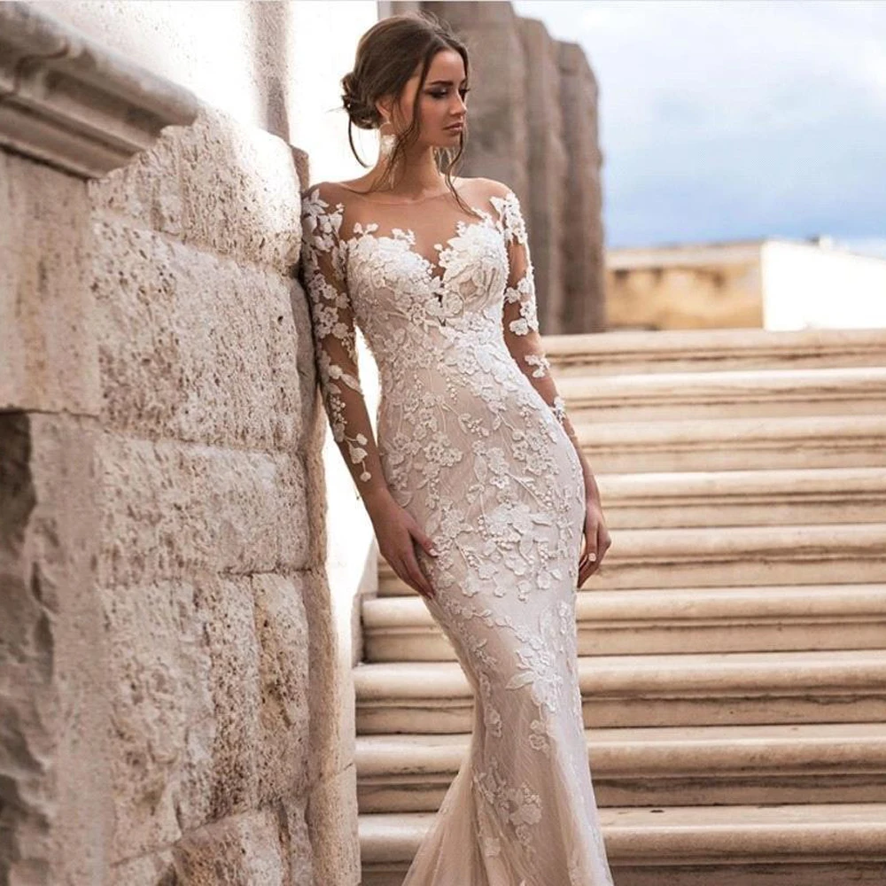 Romântico trem destacável vestidos de casamento sereia mangas compridas vestidos de noiva apliques botão voltar vestido de noiva feito sob encomenda