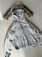 Ropa de calle de moda de invierno para mujer, chaqueta con capucha de piel sintética gótica Punk con estampado cruzado, sudadera con cremallera ouda a la moda, novedad de 2025