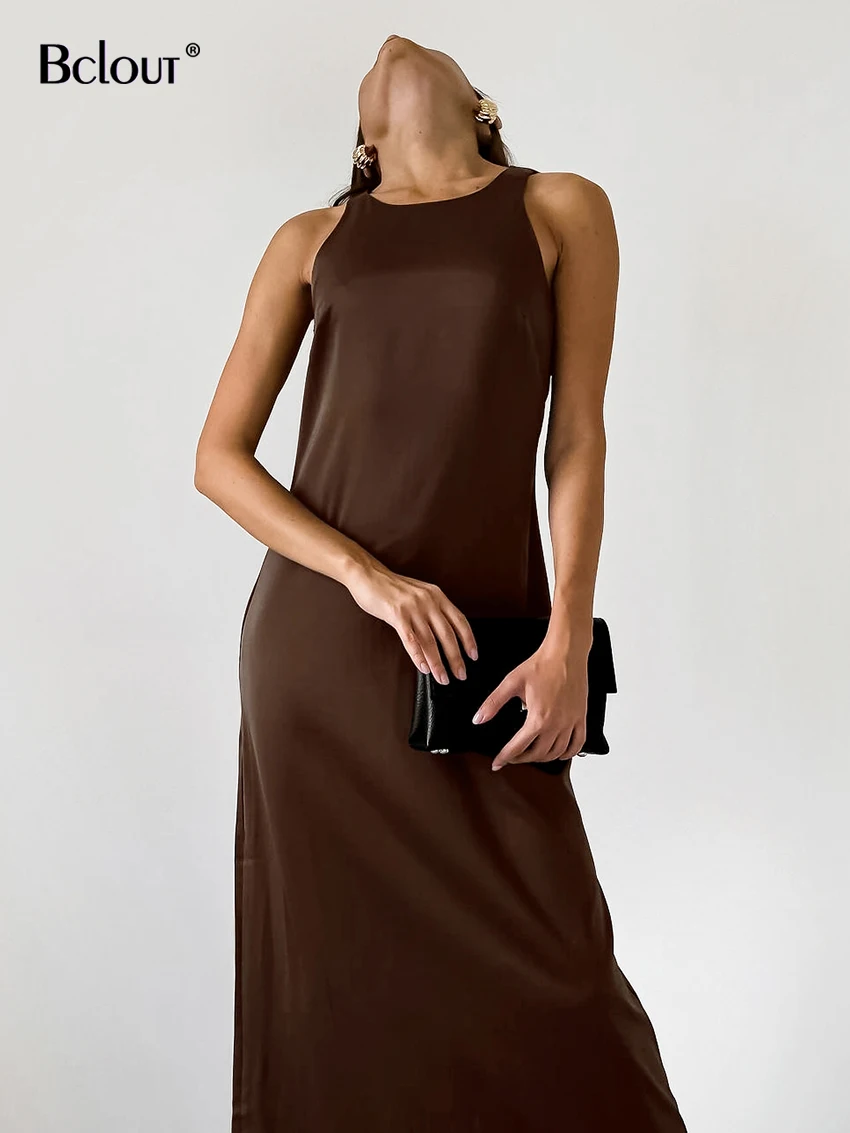 Bclout Fashion Satin Brown Dress Women 2024 Summer O-Neck Solid Office Lady Straight Dresses Casual Sleeveless Party Long Dress