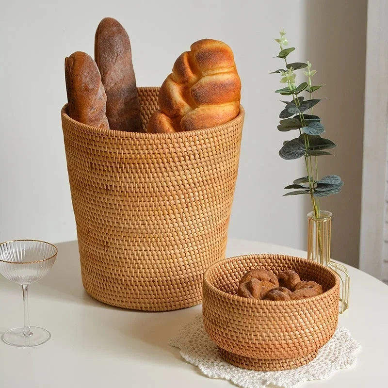 

Handwoven Rattan Basket Round Storage Bucket Bread and Fruit Storage Baskets Household Desktop Sundries Organizer Plant Basket