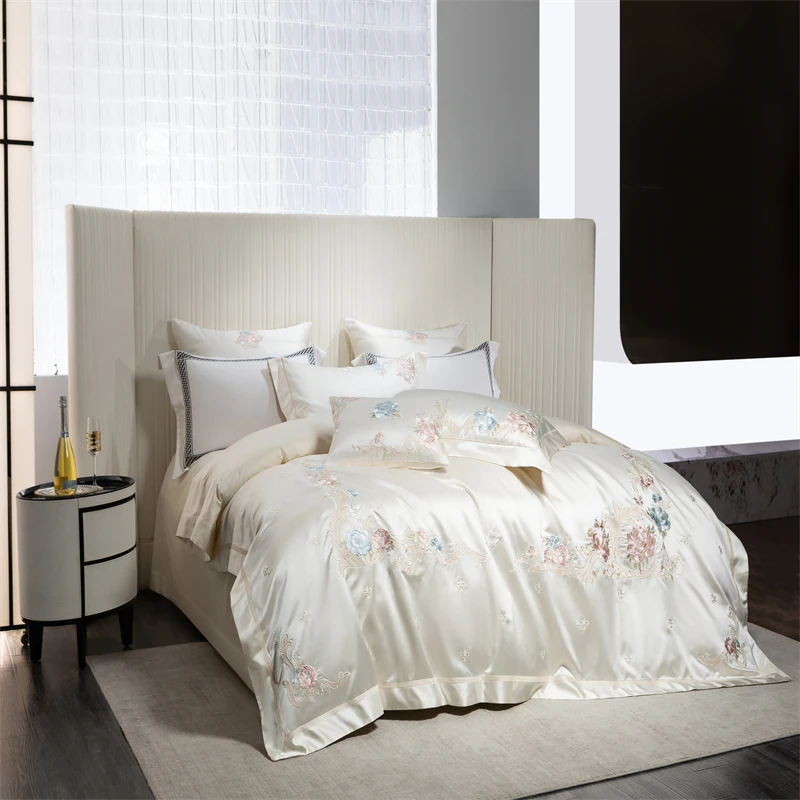 4/7Pcs 화려한 브로케이드 코튼 새틴 자수 세련된 침구 세트 코튼 침대보 이불 커버 Pillowcases 더블 퀸 킹 사이즈