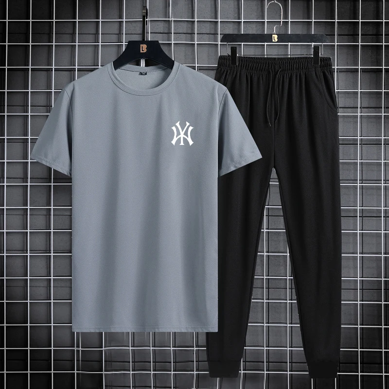 Spring/Summer Set Two Piece Slim Fit Short Sleeve Long Pants Set Casual Fashion Minimalist Sports Set