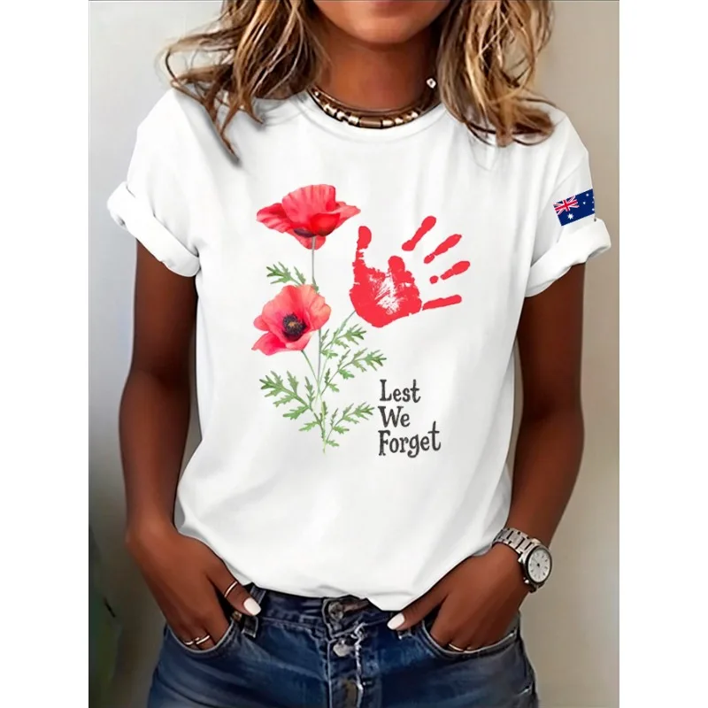 New Arrival Women's Anzac Day Commemorative Lest We Forget Print T-Shirts Summer Casual Short Sleeve Tops