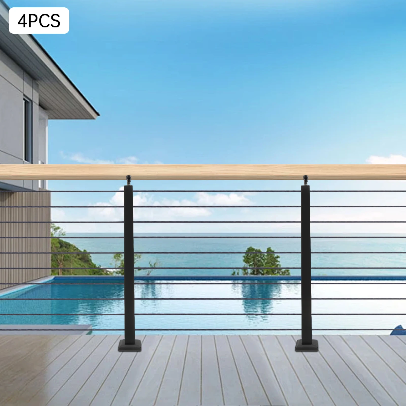 4-Piece Stainless Steel Deck Railing Posts, 36 Inch Adjustable Top Mount w/ 10 Holes, 220 lbs Max Load for Cable Railing Systems