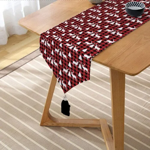 Real Homes Red Plaid Pattern Deer Pattern Digital Printed Custom Design Tassels Chenille Triangle Runner