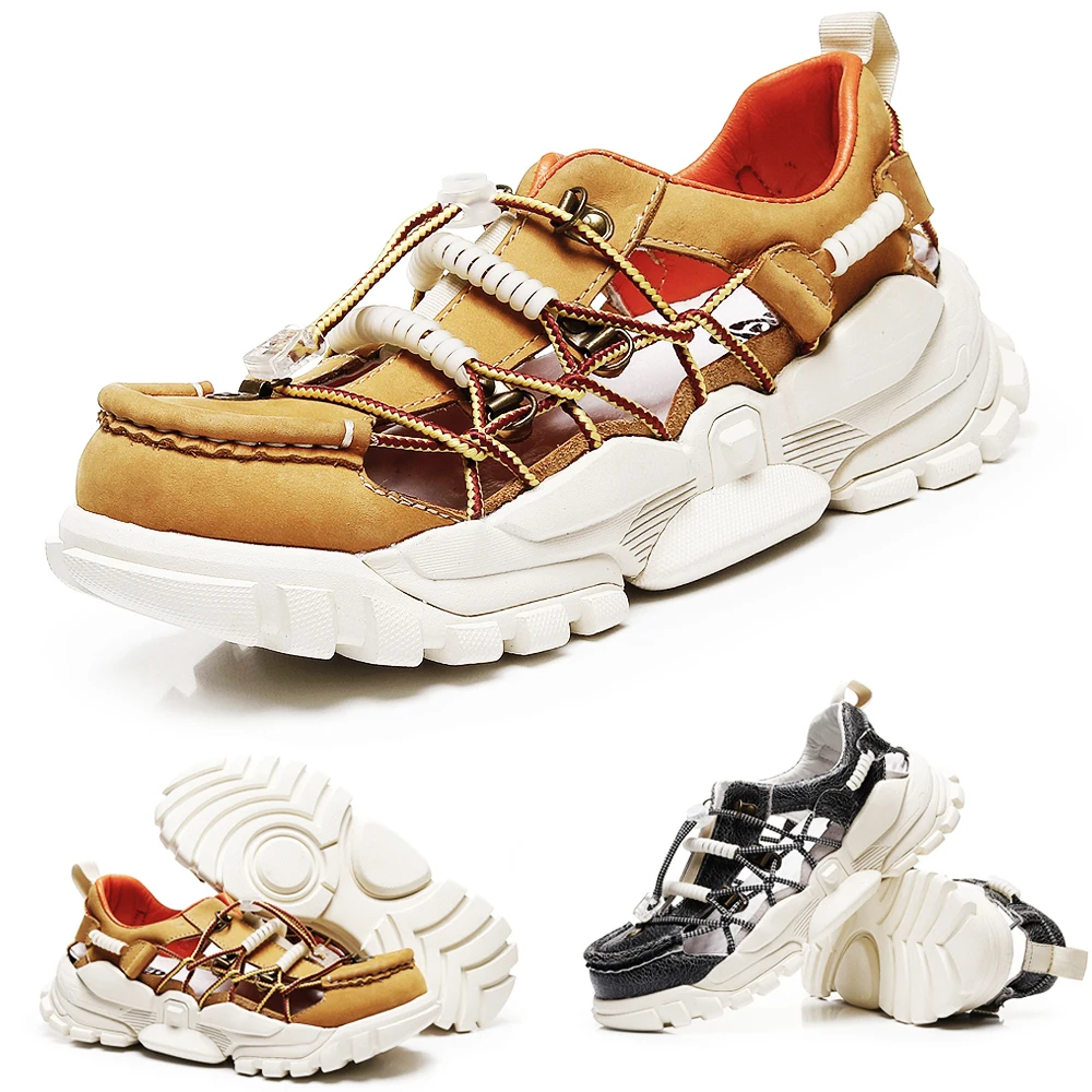 

Fashion Men's Genuine Leather Thick Heel Baotou Sandals Beach Sandals Elastic Band Hollowed out Water Shoes Comfort Fisherman