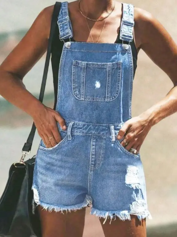 ملابس نسائية صيفية كلاسيكية بلون سادة ورقبة مربعة وحزام كتف قابل للتعديل بدون أكمام فضفاضة من قماش الدنيم بأرجل مستقيمة