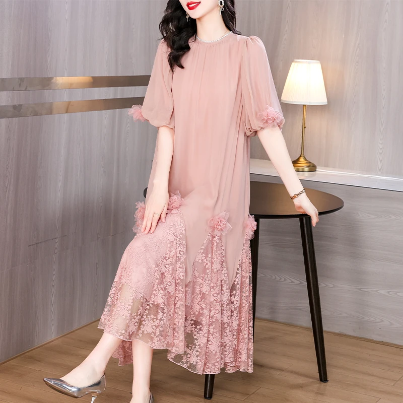 2024 Summer New Silk Embroidered O-Neck Dress Women's Short Sleeves Loose Large Lace Spliced Knee Length A-line Long Dress