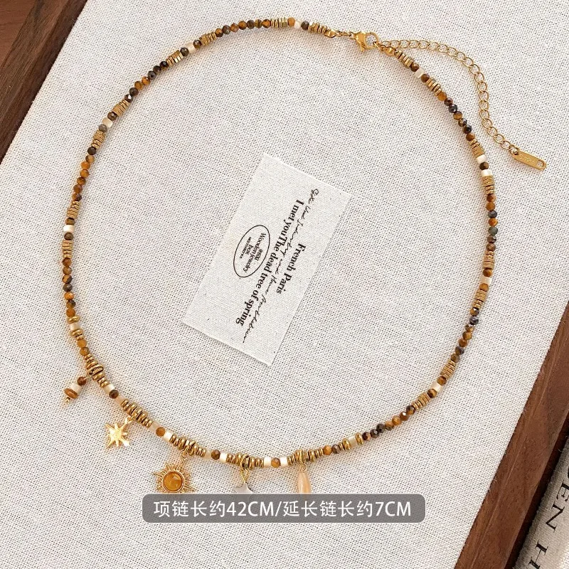 Minar Ethnic Natural Stone Tiger Eyes Beads Shell Sun Star Tassel Pendant Necklaces for Women 18K Gold Titanium Steel Chokers