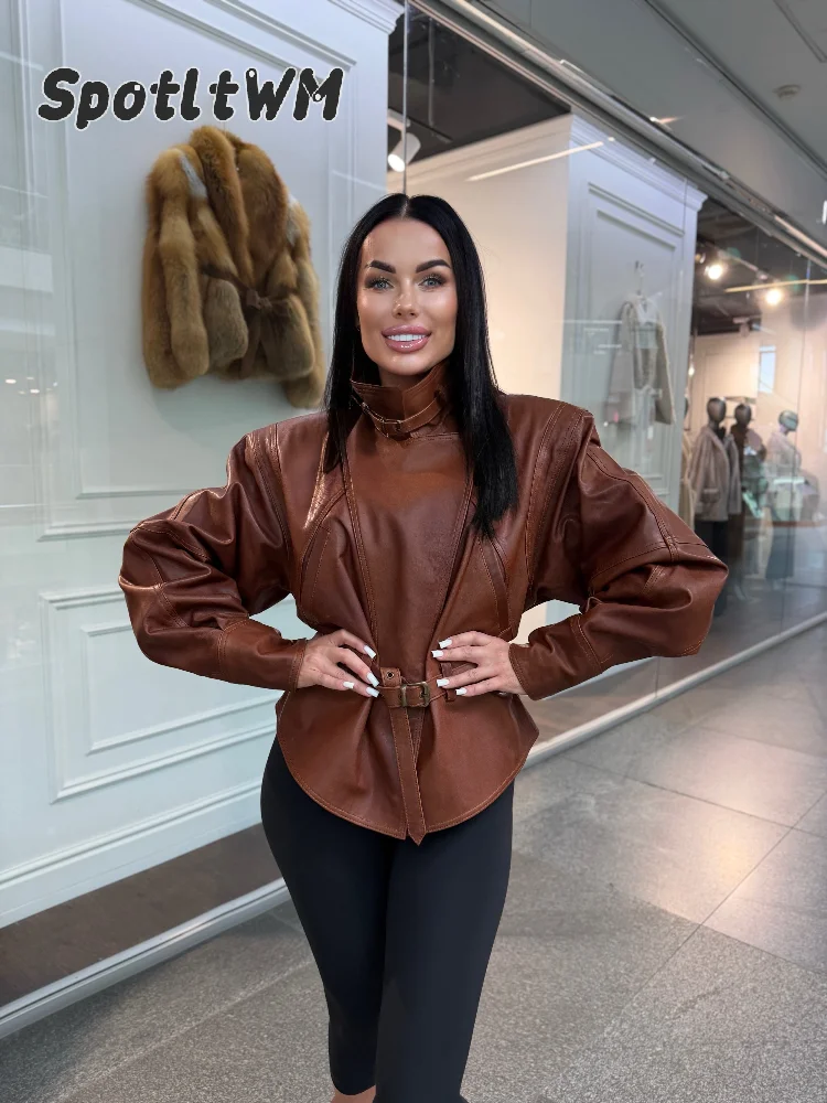 Women Solid Faux Leather Waist Belted Jacket High Neck Buckle Loose Cropped Coats Batwing Sleeve Vintage Autumn Lady Moto Coat