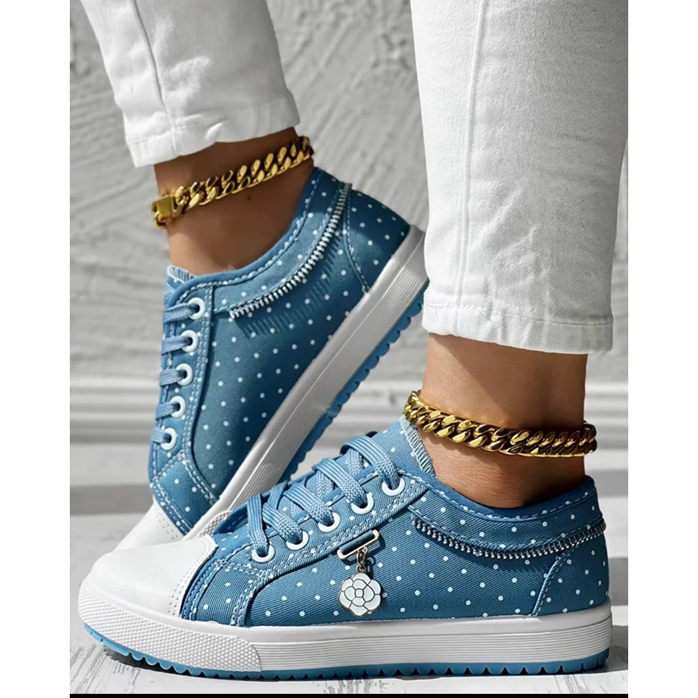 Women Polka Dot Print Round Toe Canvas Sneakers Autumn Woman Casual Daily Zipper Design Lace-up Flats Shoes Korean Style Spring