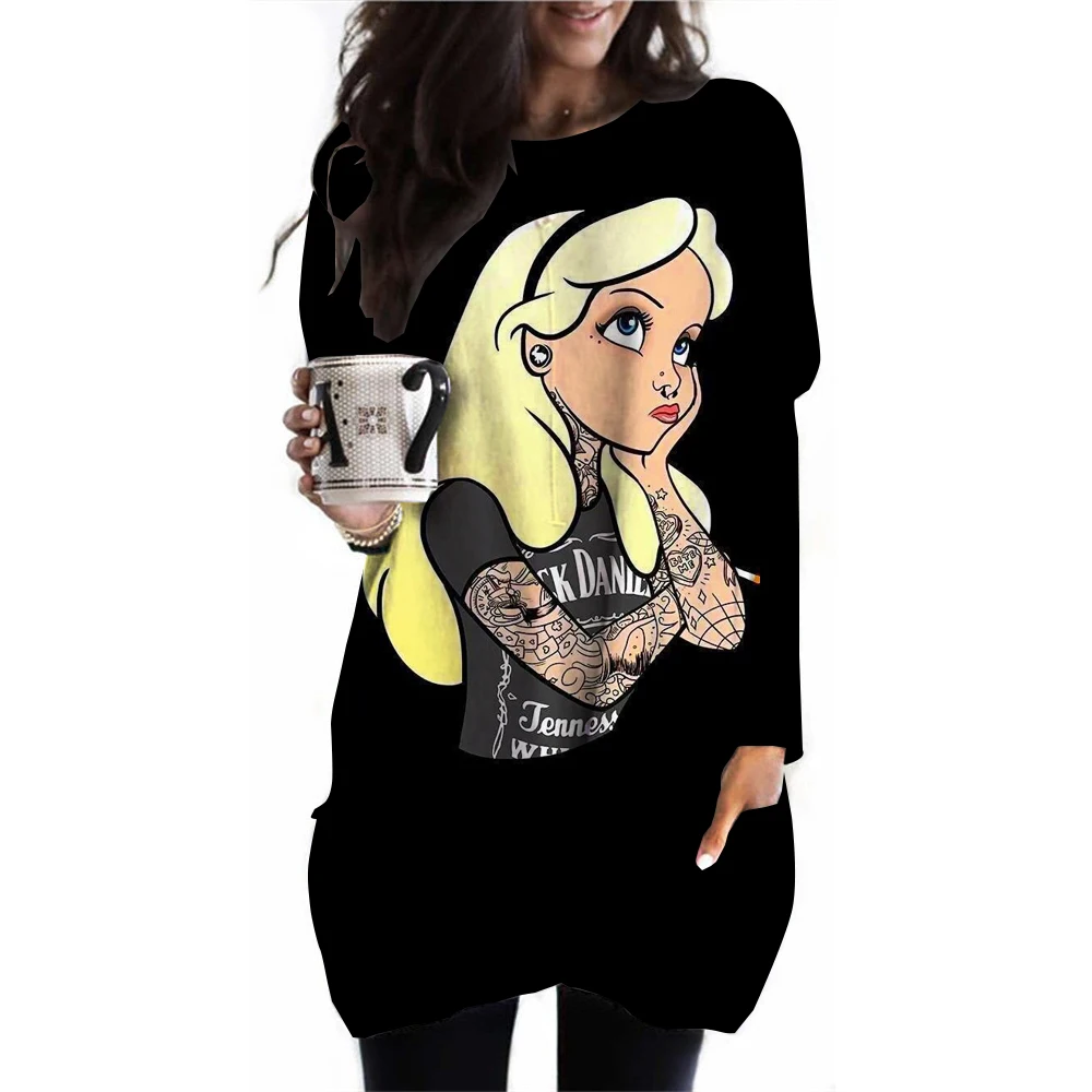 Spring and Autumn women\'s long sleeved round neck oversized T-shirt 3XL plus size casual Disney Princess print loose pocket long