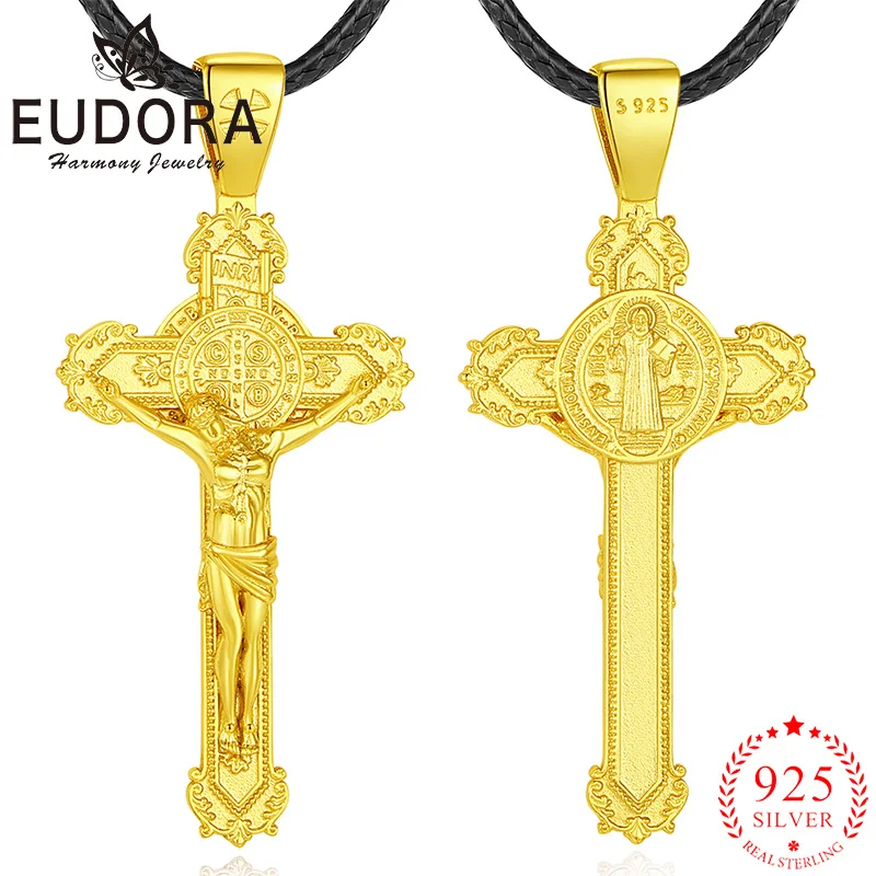 Eudora 925 Sterling Silver Crucifix Cross Jesus Necklace 18k Gold Saint Benedict Religious Pendant San Benedict Jewelry Men Gift