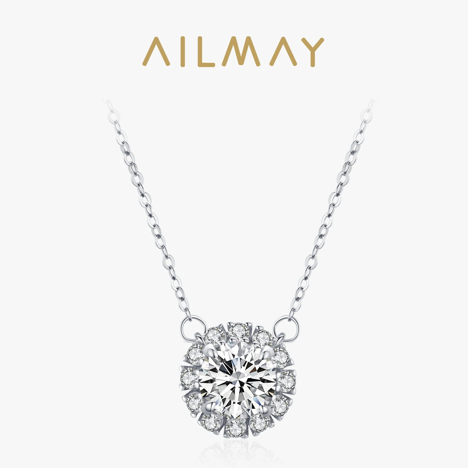 Ailmay Luxury Dazzling Full Circle Clear Zircon 925 Sterling Silver Necklace For Women Fine Elegant Wedding Jewelry