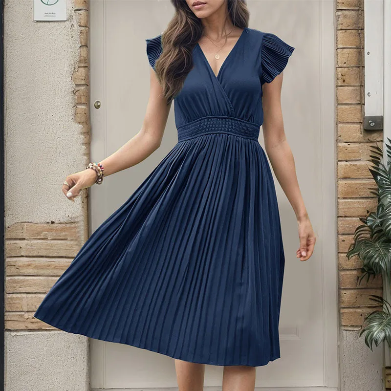 Summer New Minimalist Dress Temu New Women\'s V-neck Feifei Short Sleeved High Waisted Pleated Skirt Solid Color Mid Length Skirt