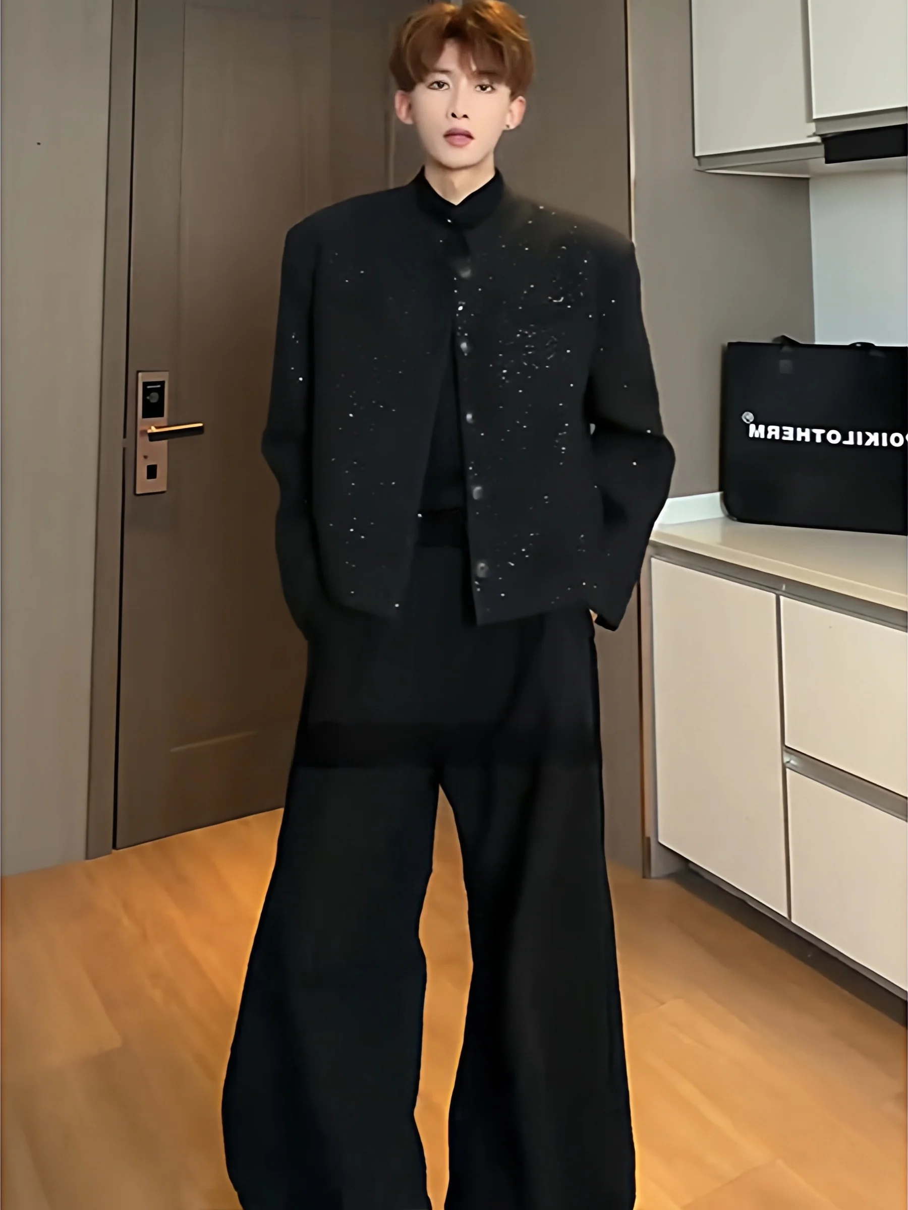 Tianxing Shoulder Pad Men's Jacket Small Fragrance Style Black Suit Casual Fashionable Short Version Polyester Fiber Long Sleeve