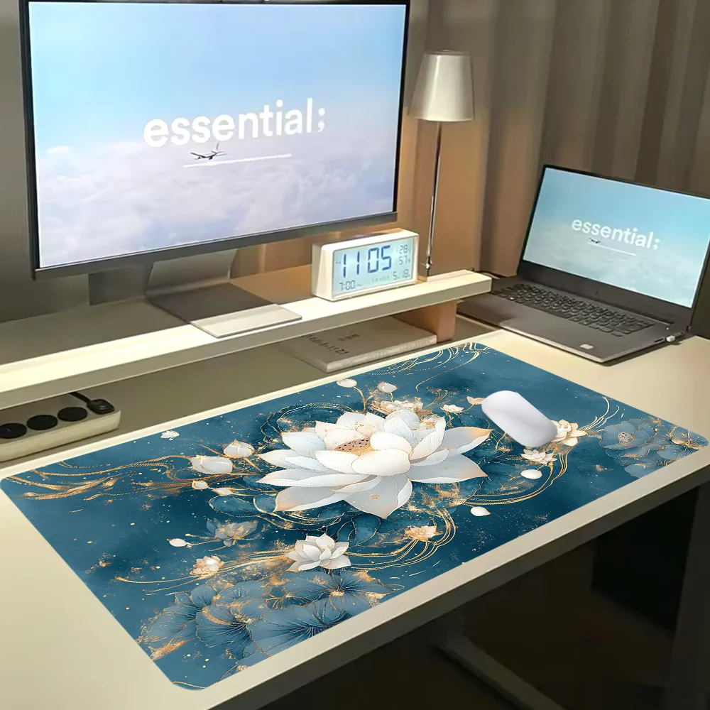 

Большой коврик для мыши с белым цветочным дизайном, художественный настольный коврик с прошитыми краями, нескользящий коврик для мыши XL, резиновая основа, настольный коврик для офиса и дома