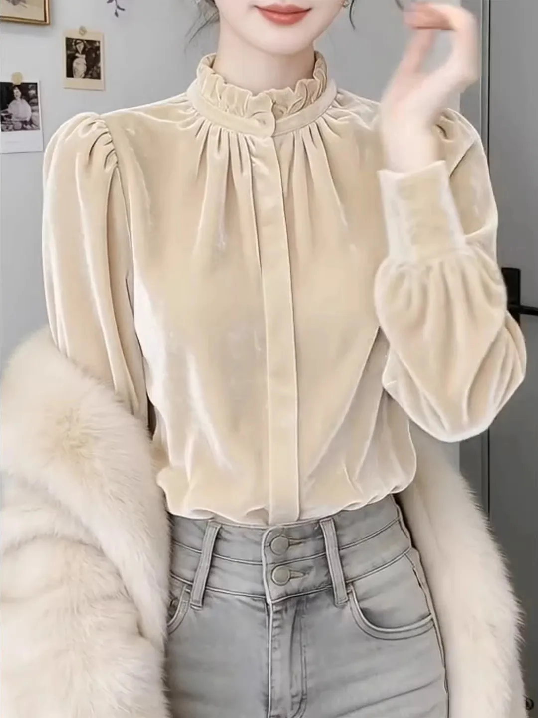 

Элегантная женская рубашка с рукавами-фонариками и воротником-стойкой, цвет белый норка, класса люкс, легкая, модная, стандартный крой, длинный рукав