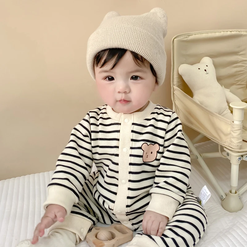 

Autumn Winter Baby Romper Thick Cotton Newborn Long Sleeved Jumpsuit Pants 0-13M Kids Clothes Cute Toddler Stripe Bear Bodysuit