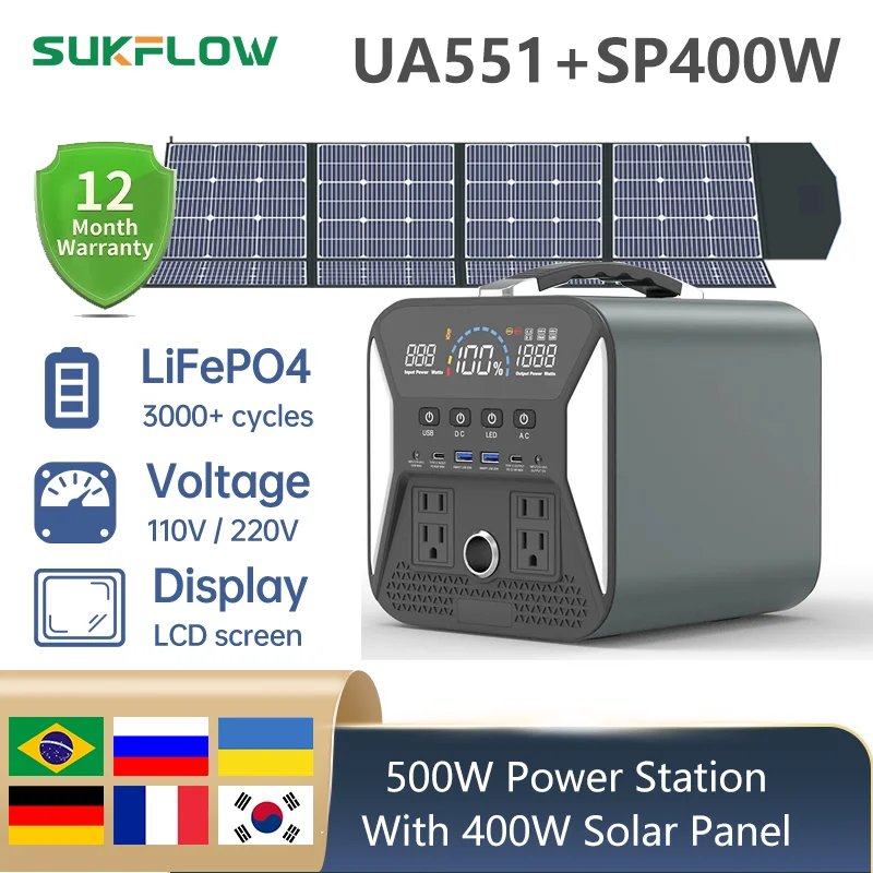 500W LiFePO4 Battery power stations portable with 100W 200W 400W paneles solares Home RV Camping Traveling Emergency