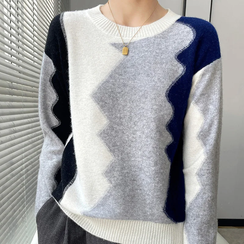

Women Autumn Winter New 100% Fine Wool Warm Sweater Bottoming Shirt Ladies O-Neck Patchwork Pullover Loose Casual Knit Tops