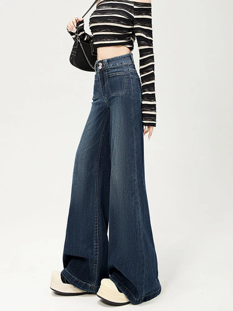 ワイドレッグヴィンテージブーツカットジーンズレトロバギー韓国風ハイウエストバケロスルーズストレートレディースカジュアルデニムパンツ ﻿